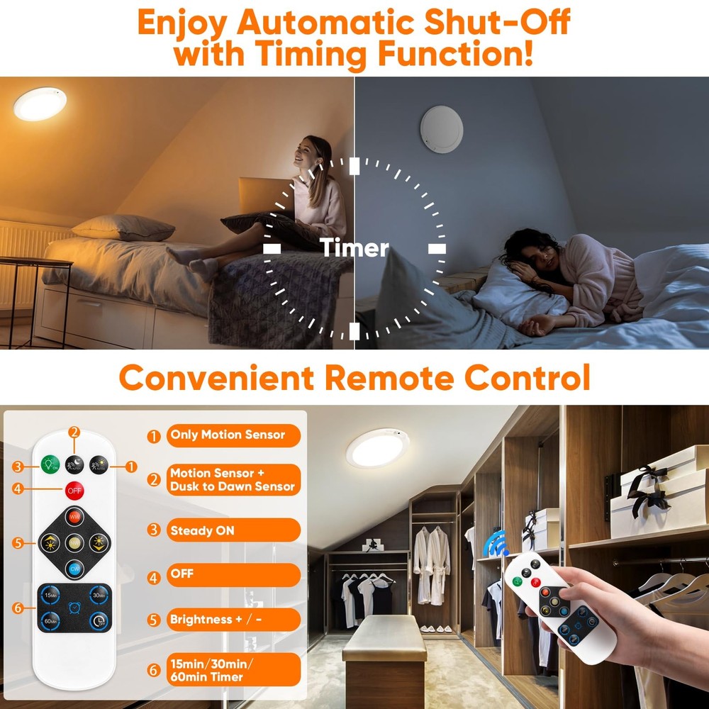 Rechargeable Motion Sensor Ceiling Light with Remote, Battery Operated Ceiling