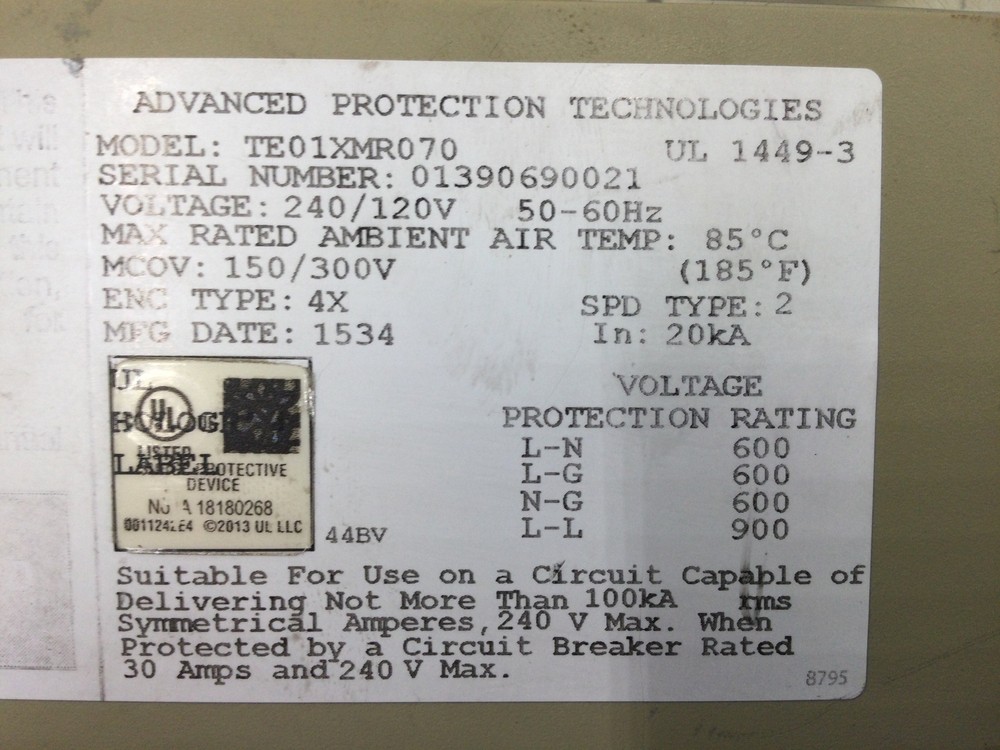 Advanced Protection Technologies TE01XMR070 Surge Protector 240/120V
