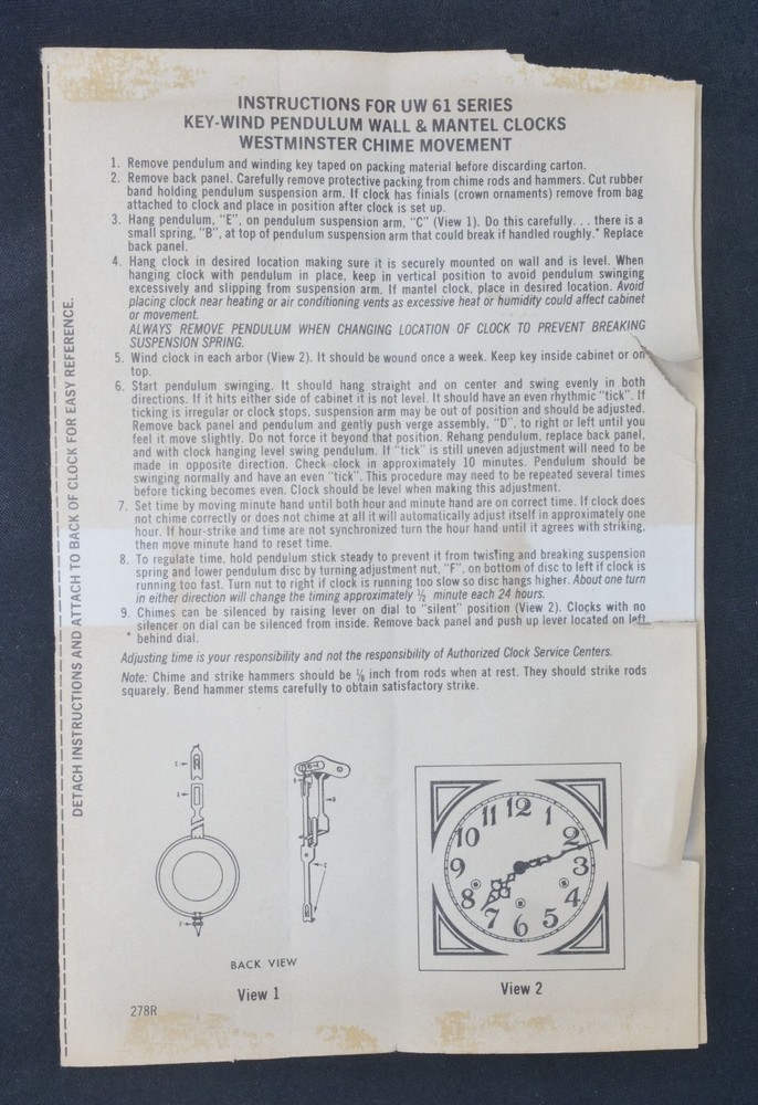 Vintage Ridgeway UW61 Series Movement Instructions