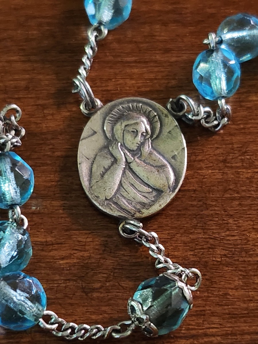 Vintage Italy Sterling Silver Aqua Blue Crystal Rosary & Vtg MCM Alabaster Case