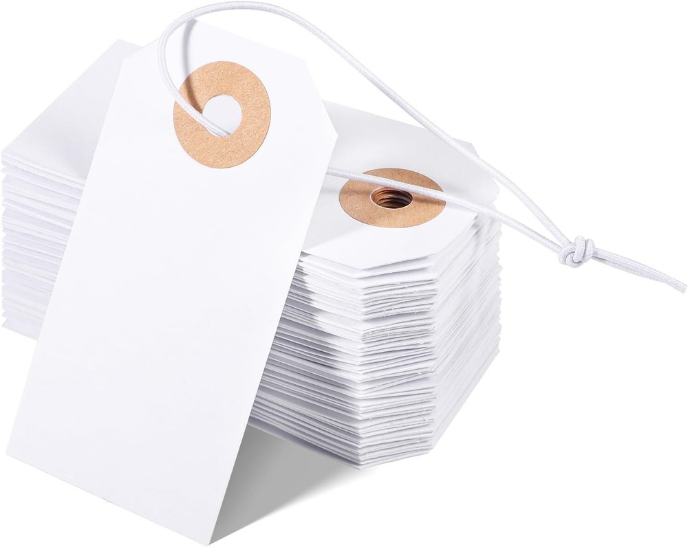 100 Pack White Blank Tags with Elastic String Marking 2.75x1.37inches,