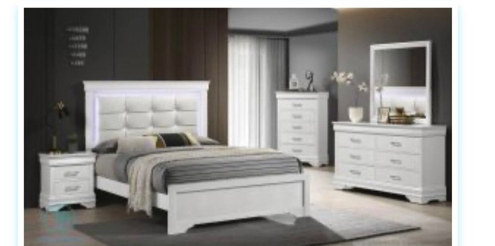 5pc Modern LED Light Queen Panel Upholstered Bed Master Bedroom Set White