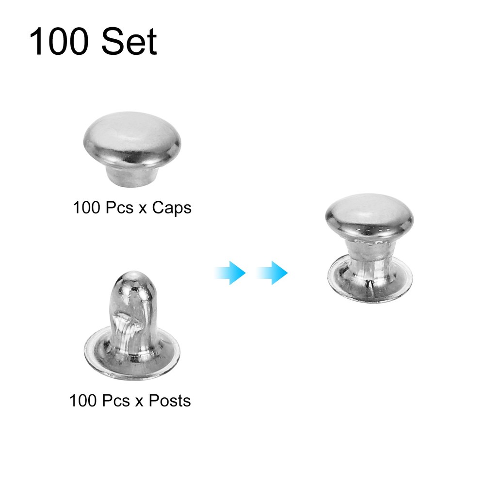 100Sets Single Cap Rivet 5mm Carbon Steel Round Head Snap Studs, Silver