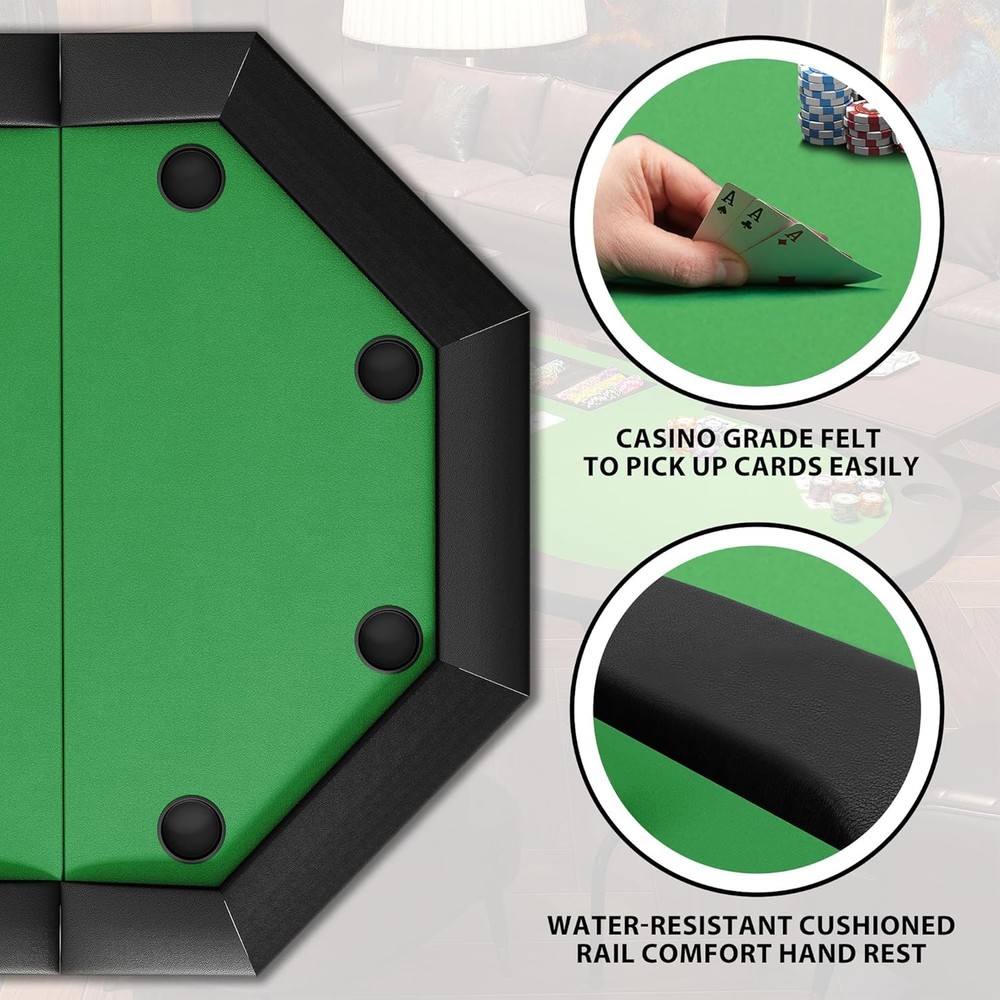 8 Player Poker Table Foldable, Octagonal Texas Hold'em Table with Cup Holders