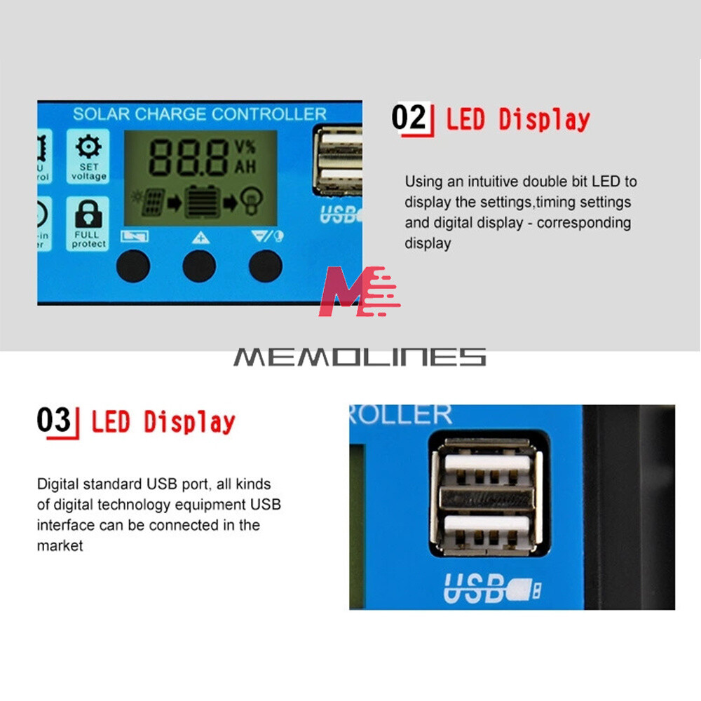 30A Solar Panel Battery Charge Controller 12V/24V LCD Regulator Auto Dual USB