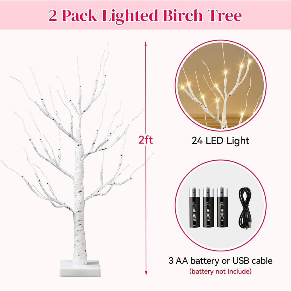 Valentines Day Decorations Indoor,2 Pack 2 FT White Lighted Birch Tree with Led