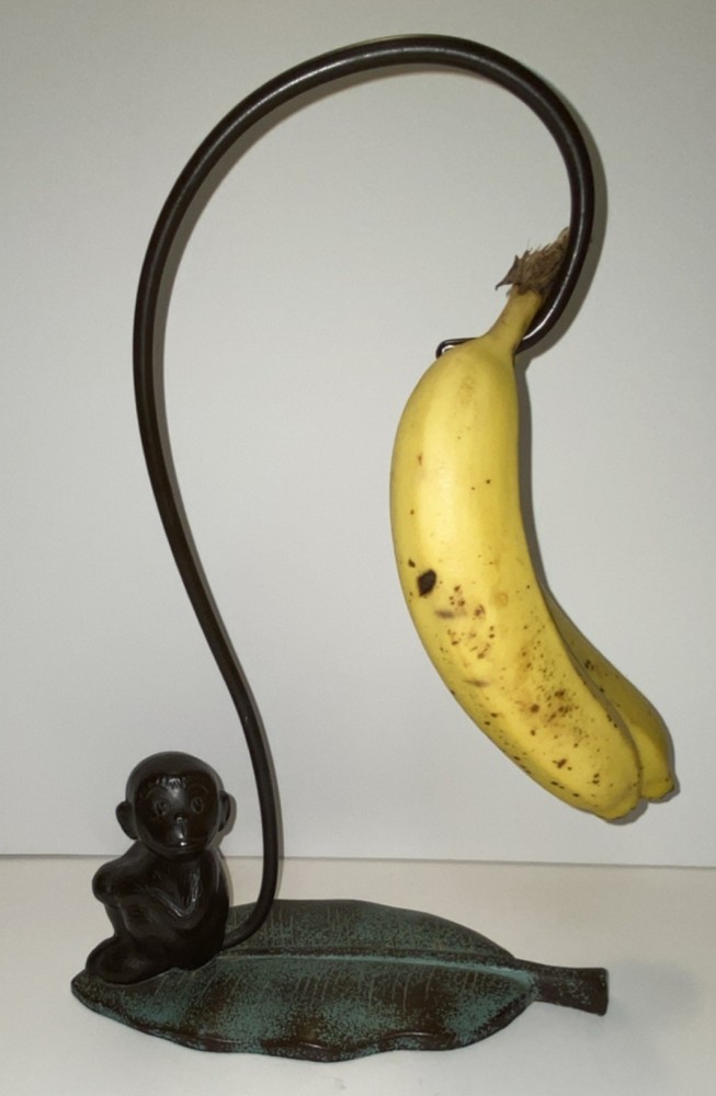 VNTG 13” CAST IRON MONKEY BANANA HOLDER TAIL HANGING HOOK ON LEAF BASE RUSTIC