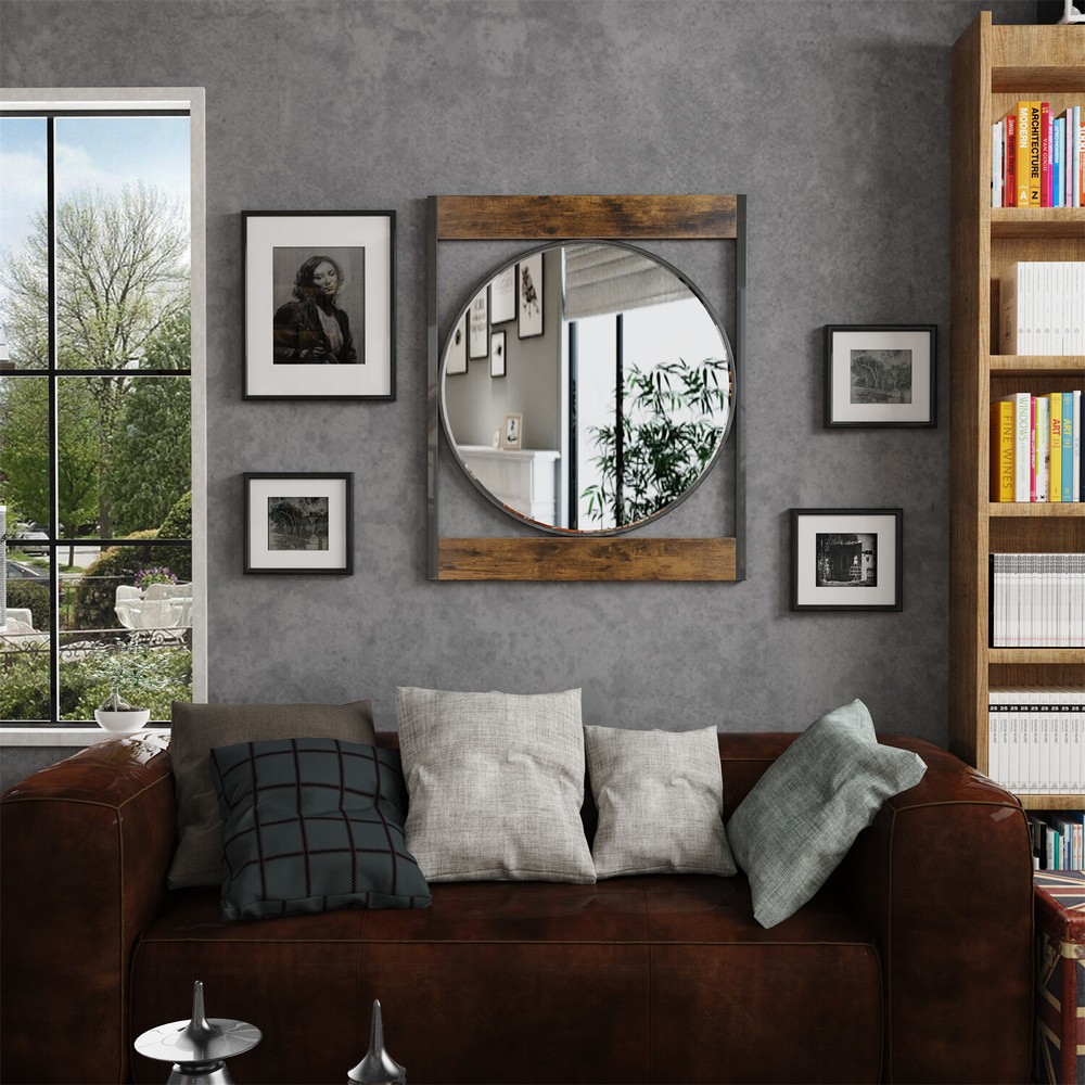 Rectangle Industrial Metal Wood Frame Wall Accent Mirror Wall Mounted Decorative