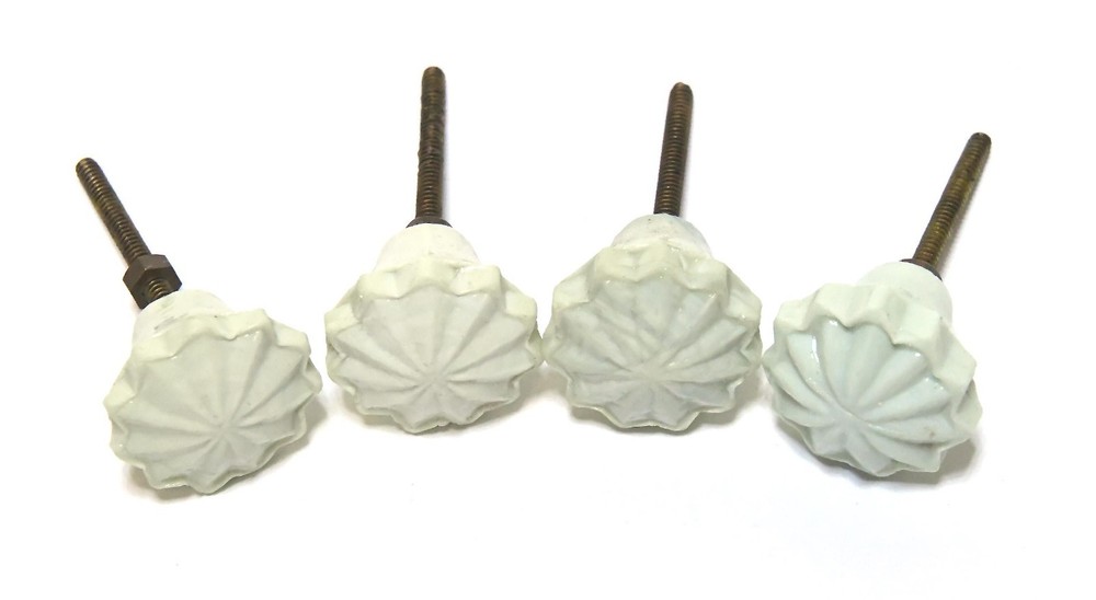 4 VINTAGE WHITE GLASS DRAWER PULLS KNOBS