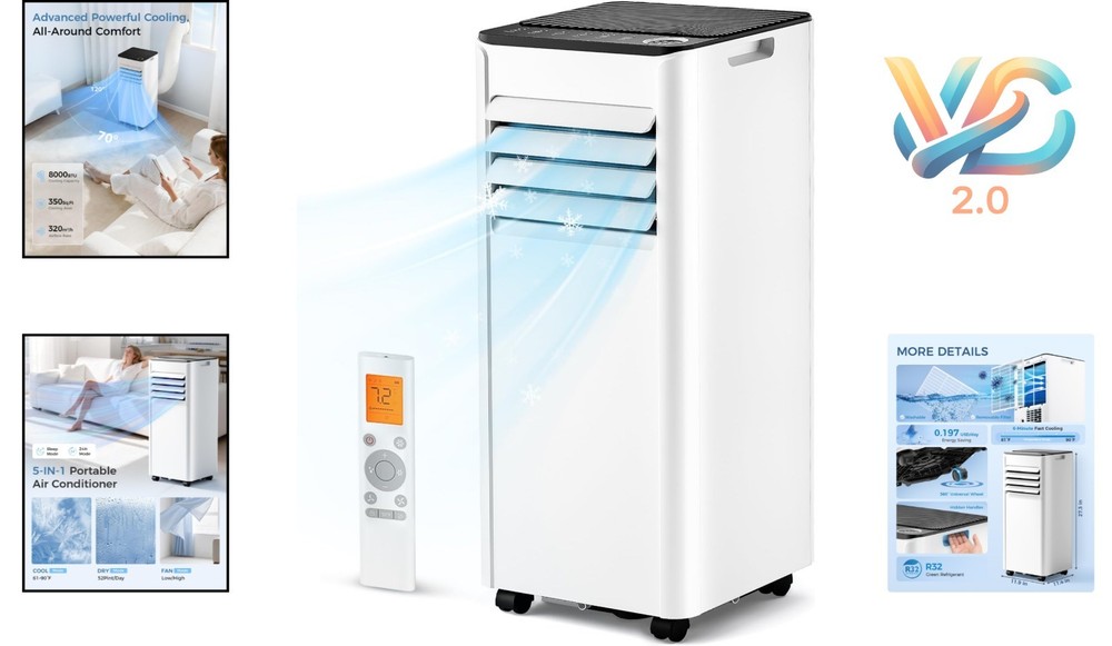 8,000 BTU Portable AC 3-in-1 Unit with Remote for Rooms Up to 350 Sq Ft