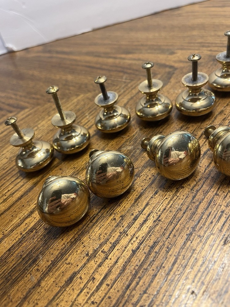 Vintage Lot Of 13 Solid Brass Round Drawer Pull Knobs