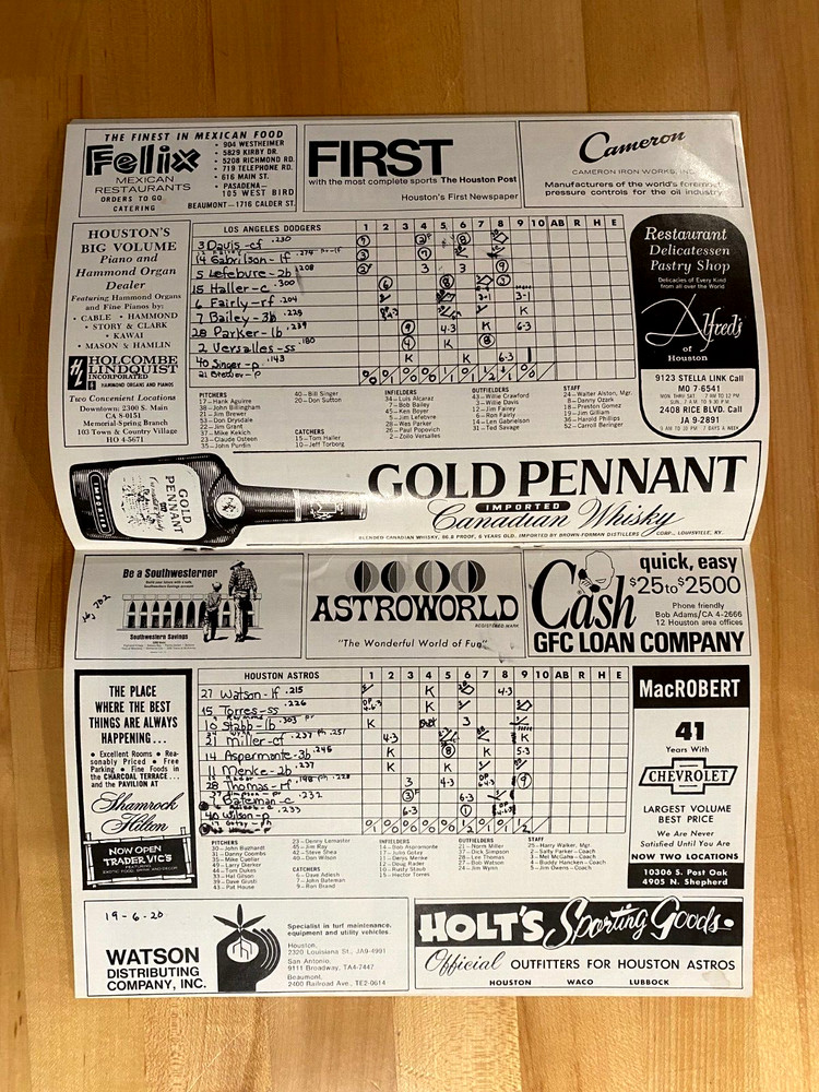1968 Houston Astros vs Los Angeles Dodgers Scored Programs with Rusty Staub