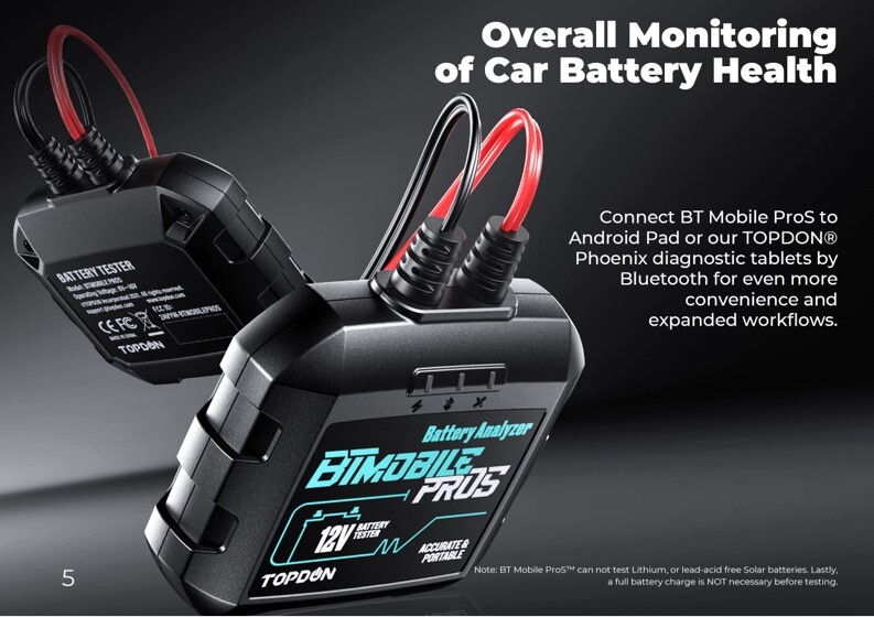 TOPDON BTMobile Pros Bluetooth Car Battery Analyzer 2000 CCA iOS Android App
