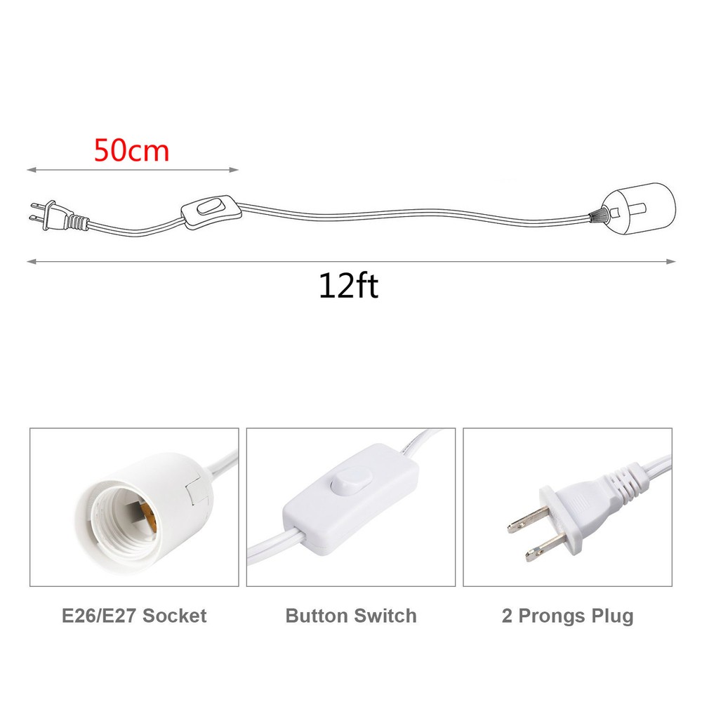 12ft Hanging Light Socket Extension Cord For E26/E27 Pedant Lantern Lights