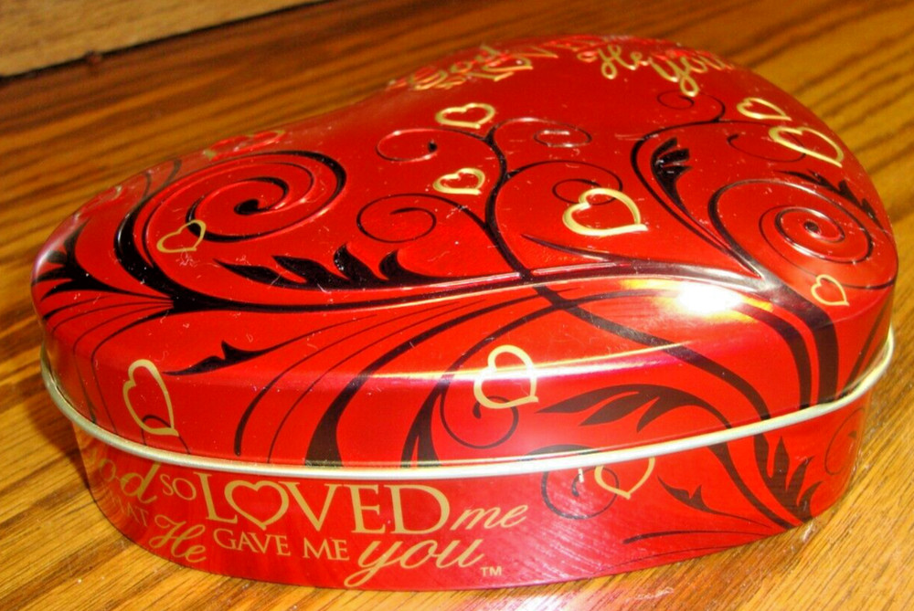 Scripture Candy Tin~Red Heart-Shaped Container 'God So Loved' 6.3"x5.3"x2" 812