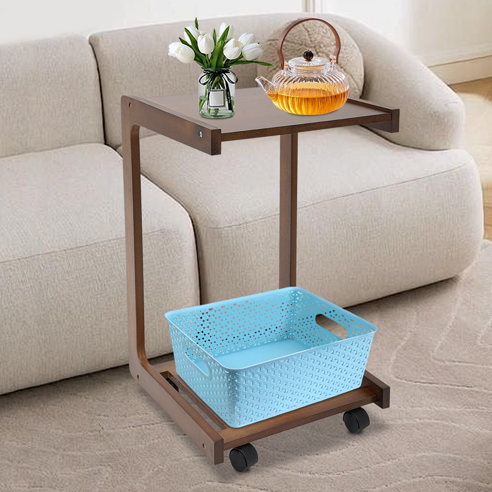 Modern C-shaped Rubber Wood End Table Small Side Table End Table with Wheels