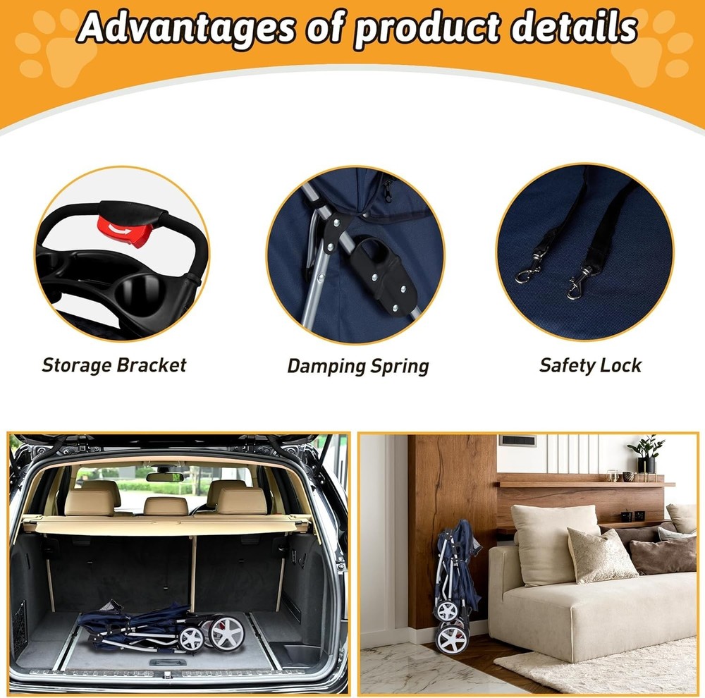 Foldable Pet Stroller with Cup Holder & Storage