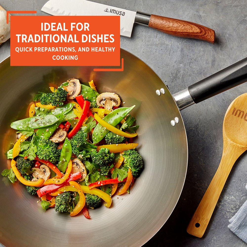 Durable Carbon Steel Natural Interior Wok with Helper Bakelite Handle, 14"