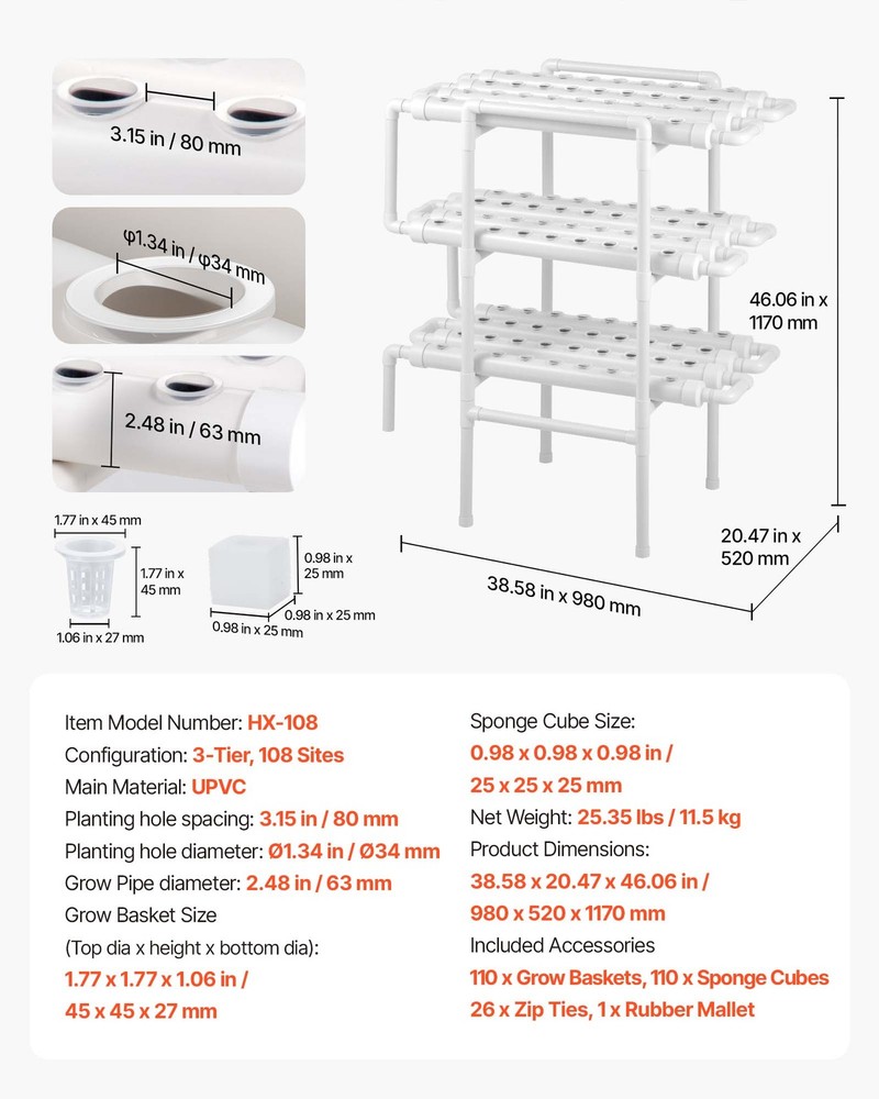 VEVOR Hydroponics Growing System Kit 108 Plants Sites 3 Layer UPVC Hydroponics