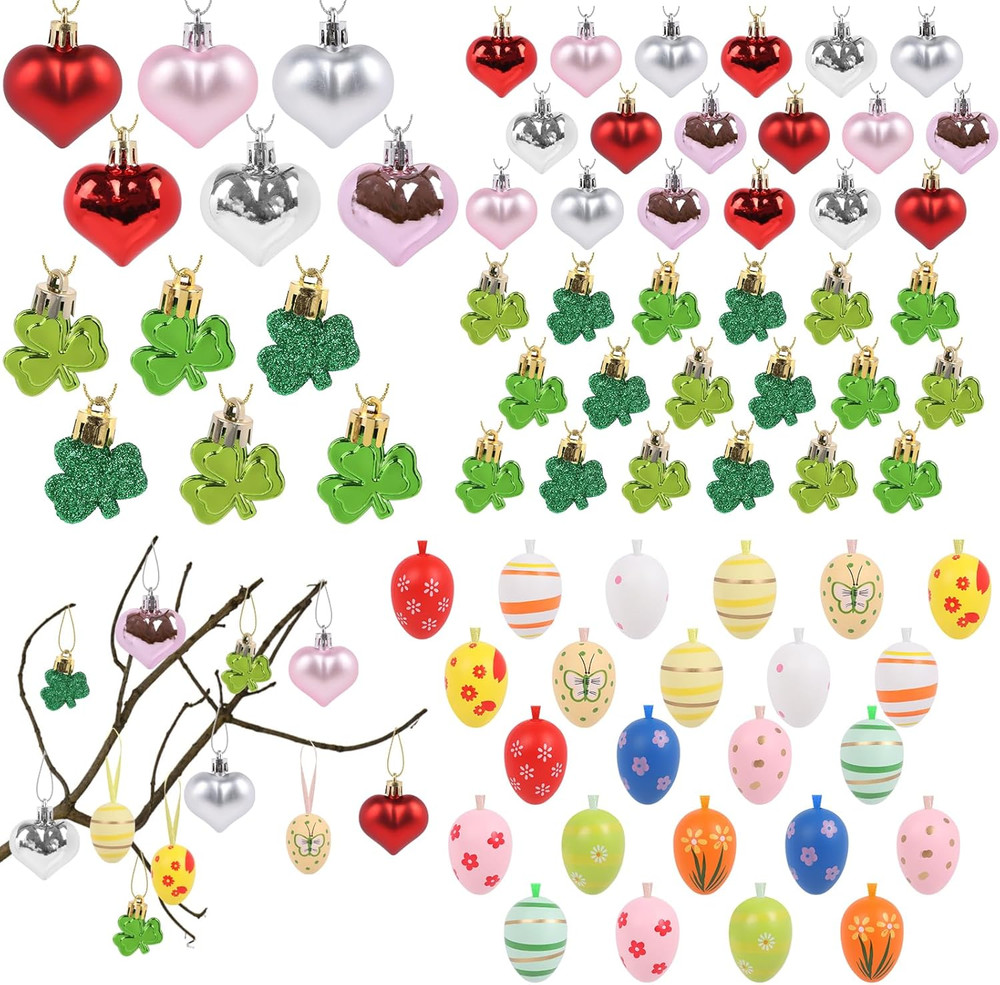 72Pcs Easter Egg Hanging Sets for Easter Holiday Decorations, Shamrock Mini Hear