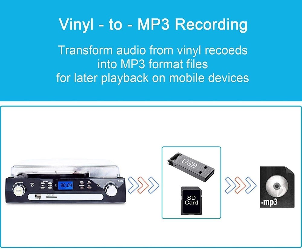 Compact Bluetooth Turntable with Cassette Play, Remote Control, and Stereo Sound