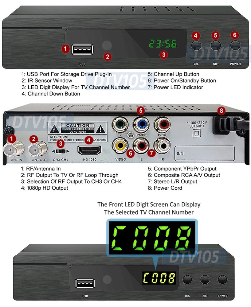 Digital ATSC Converter Box-Broadcast Channels Play Pause Program Scheduling