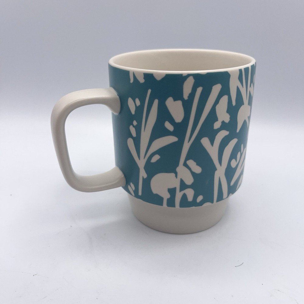 2016 Starbucks Abstract Bamboo Unique Floral Stackable Teal Coffee Tea Cup 12oz