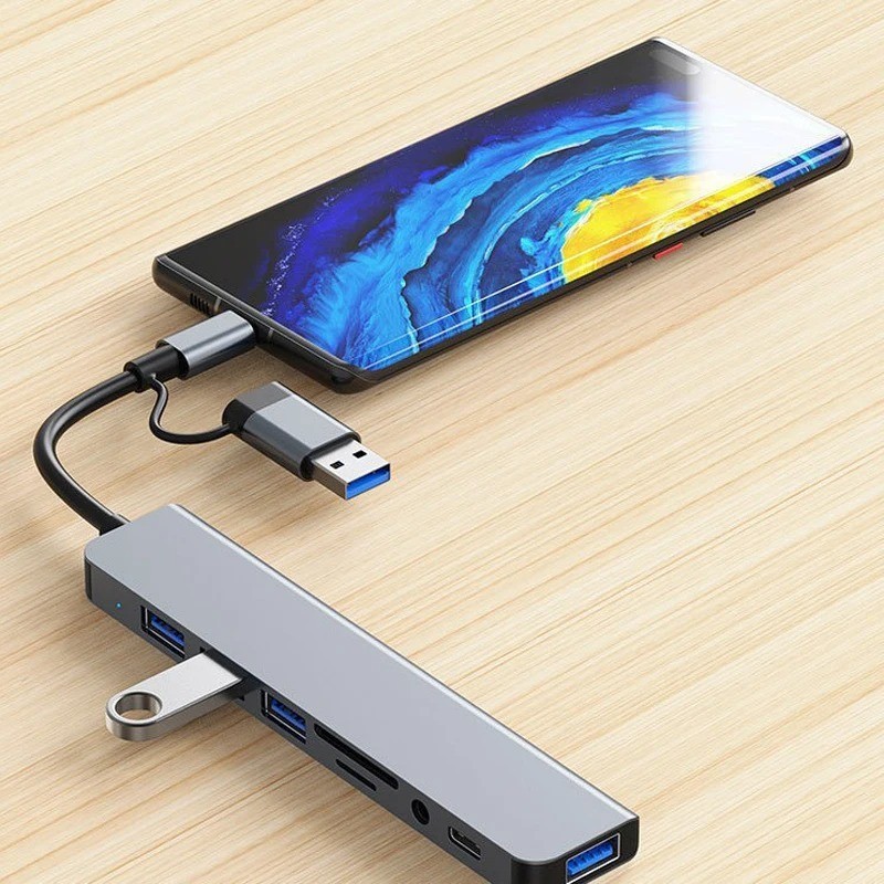 8-in-2 USB Type-C Hub Docking Station Audio Jack Micro SD Reader Adapter