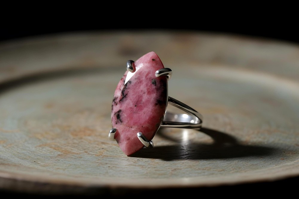 Rhodonite Statement Ring Anemone Marquise Cut 14k Solid Gold Pink Gemstone