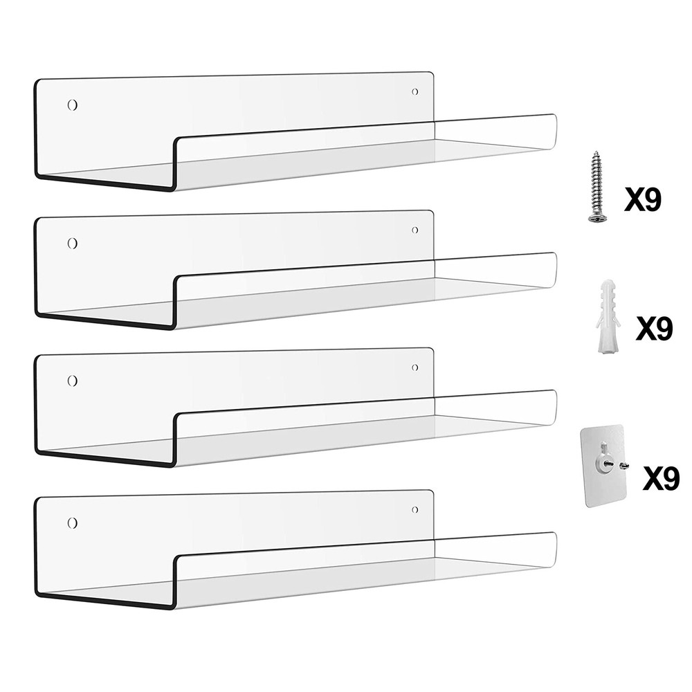 4 Pack 15 Inch Acrylic Invisible Floating Wall Ledge Floating Display Shelves