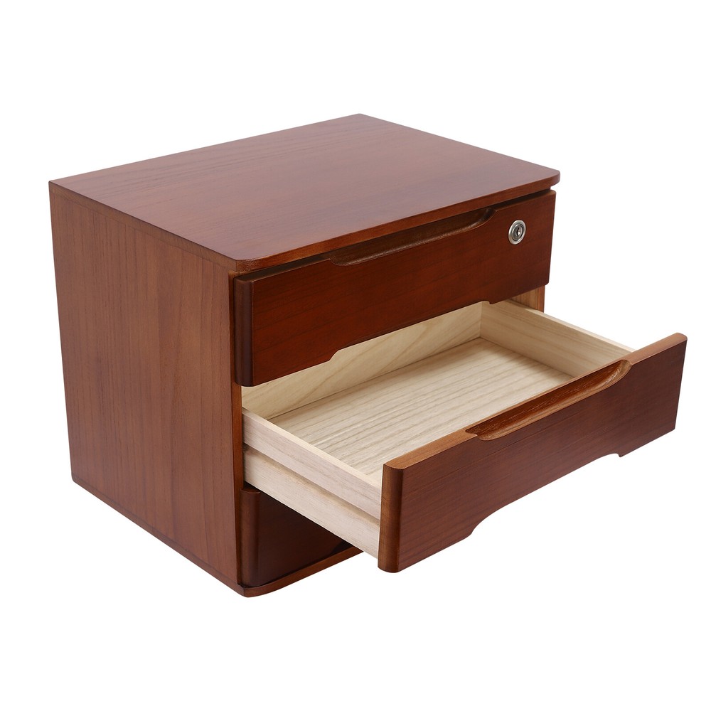 3-Tier File Cabinet Organizer Walnut Desktop Storage Box with Lockable 3 Drawers
