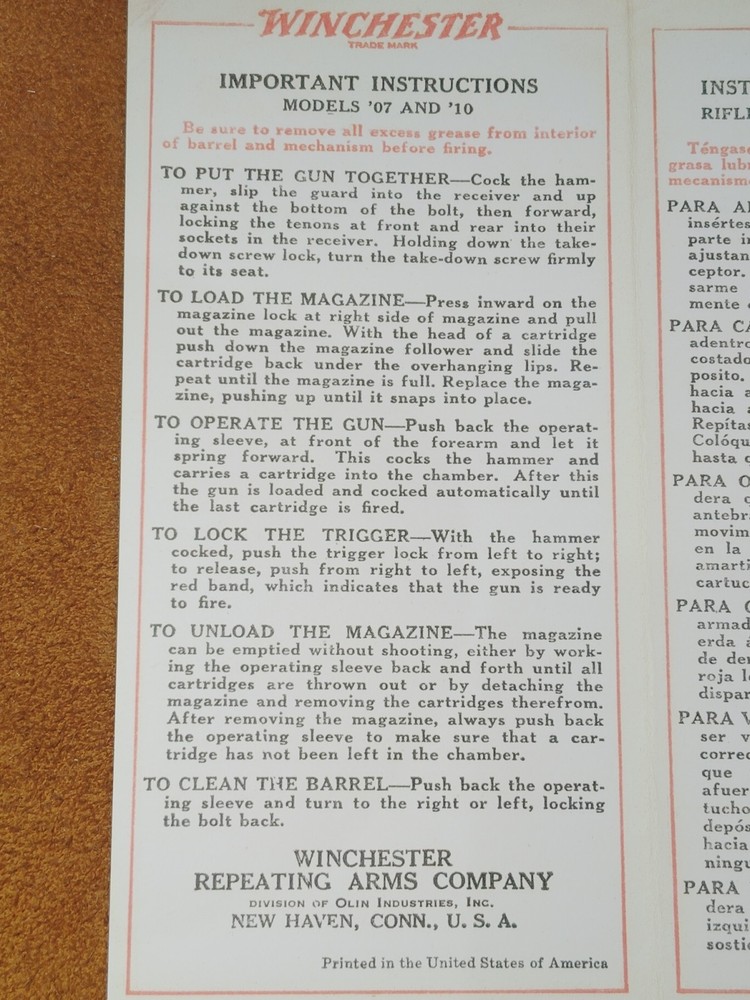 Winchester Model 1907 07 Instruction Manual
