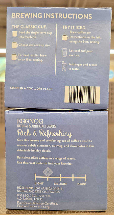 Barissimo Eggnog 12 Cups Medium Coffee 3.99oz 113g (2 Boxes)