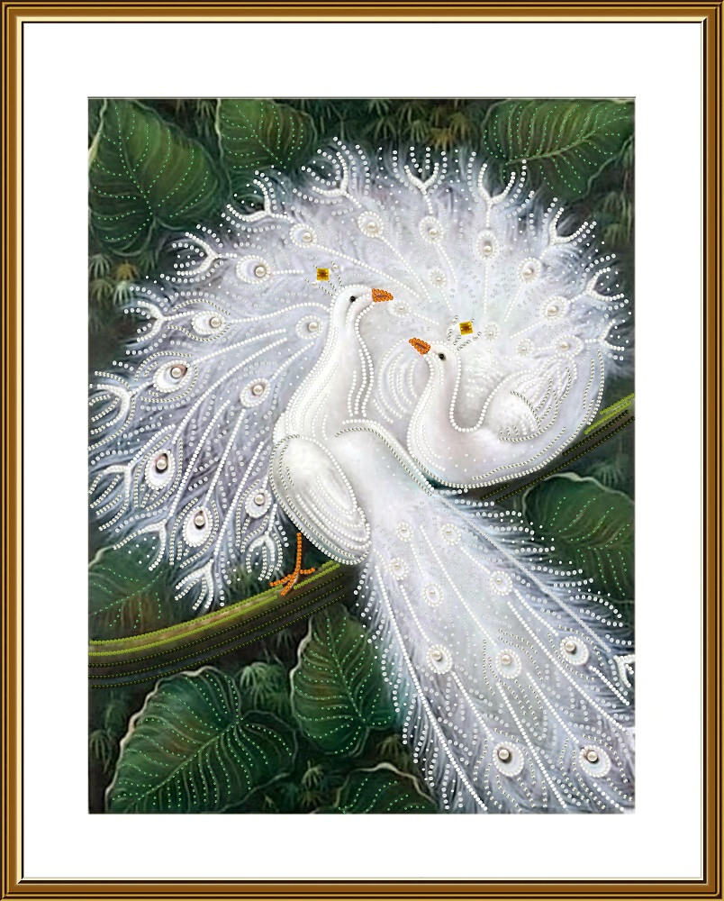 Bead embroidery kit needlepoint DIY Beadwork stitching Two white peacock Beading