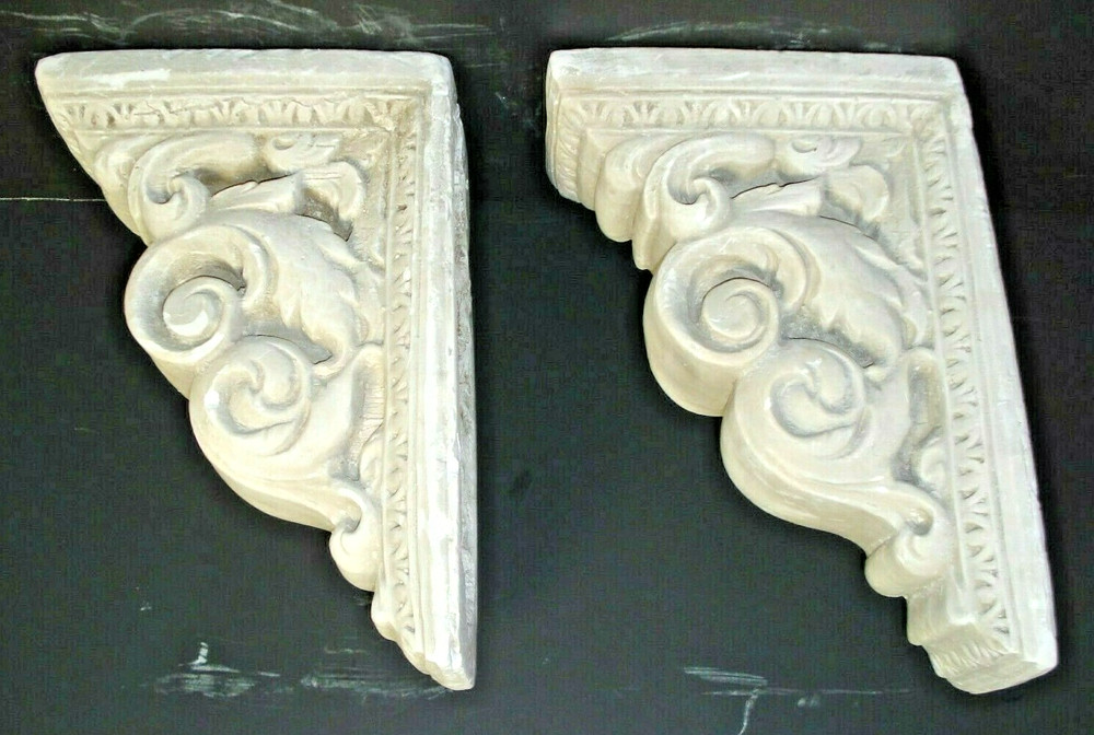 Vtg plaster Classical Acanthus leaf Wall Corbel Sconce shelf Bracket Pair 9" x 6
