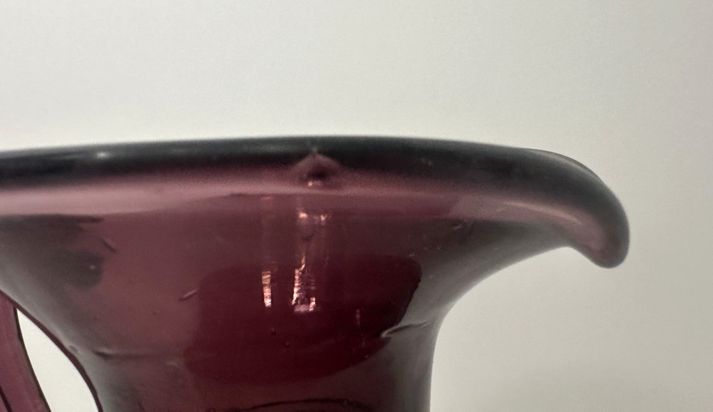 Vintage Amethyst Glass Pitcher With Embossed Design & Applied Handle 8"