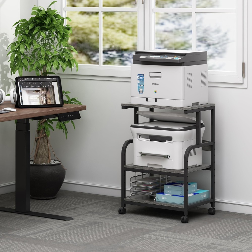 Printer Stand with Height Adjustable Storage Shelf, 3 Tier Mobile Printer Tab...
