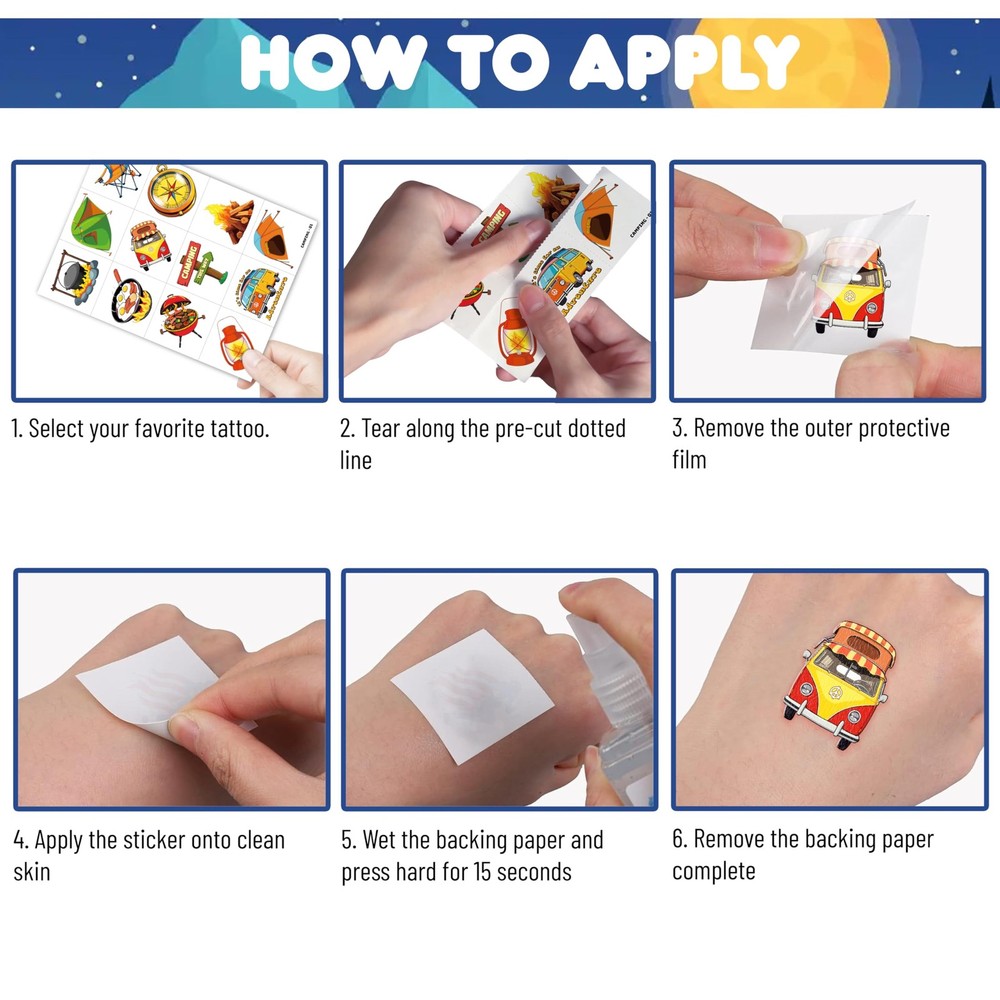 96PCS Camping Camp Camper Campfire Pre-Cut Temporary Tattoos Medium, multiple