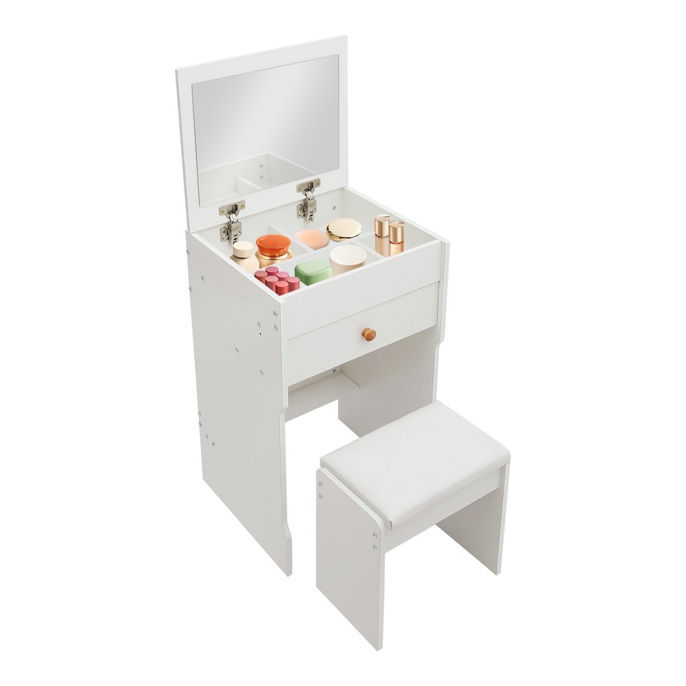 Vanity Table With Mirror, Compact Makeup Vanity W/ Storage Compartments & Stool