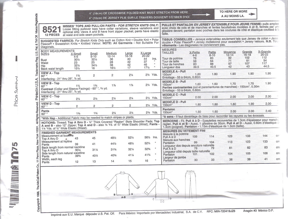 8521 UNCUT McCalls SEWING Pattern Stretch Knit Tops Pull on Pants Exercise Relax