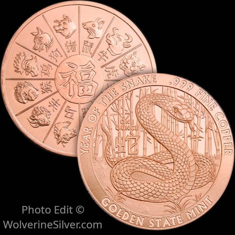 1 Oz. Solid .999 Fine Copper Round - Year of the Snake - Golden State Mint