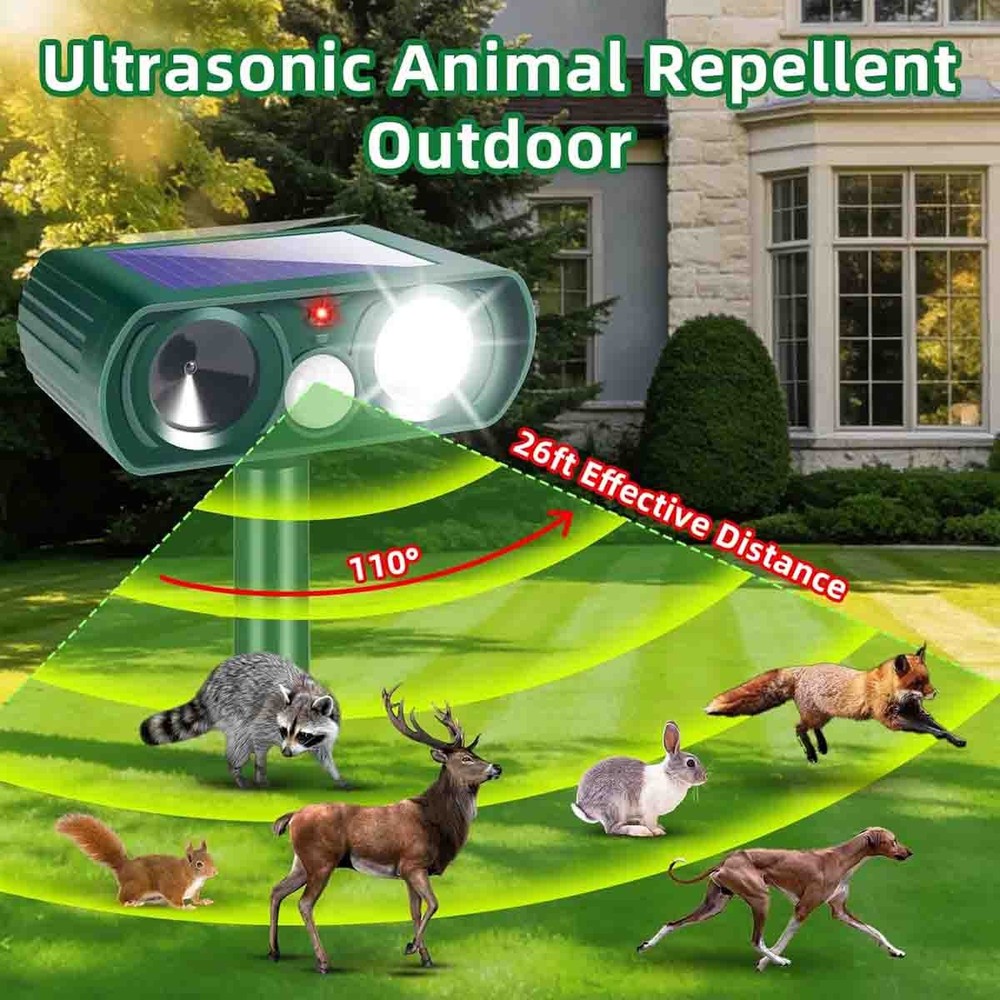 4 Pack Upgraded Solar Ultrasonic Animal Repellent, Motion Detection Flash Light