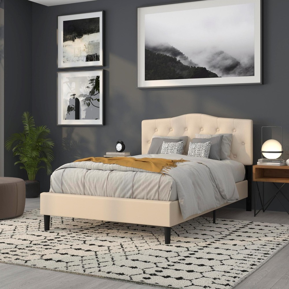 Pemberly Row Contemporary Tufted Full Panel Headboard in Beige