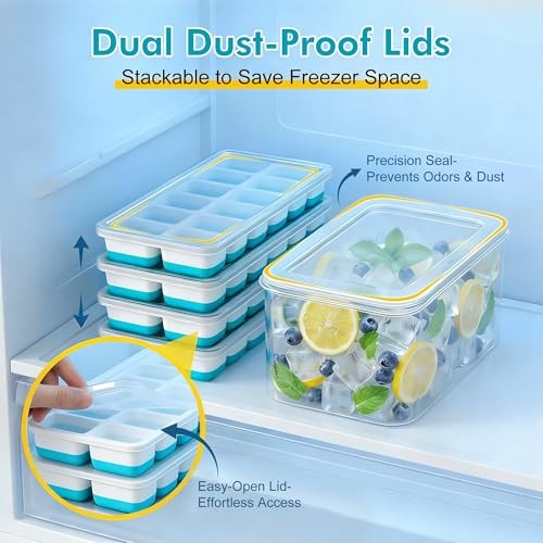 NFK Ice Cube Tray with Lid & Bin - 4 Pack 48 Cubes Stackable Silicone Blue