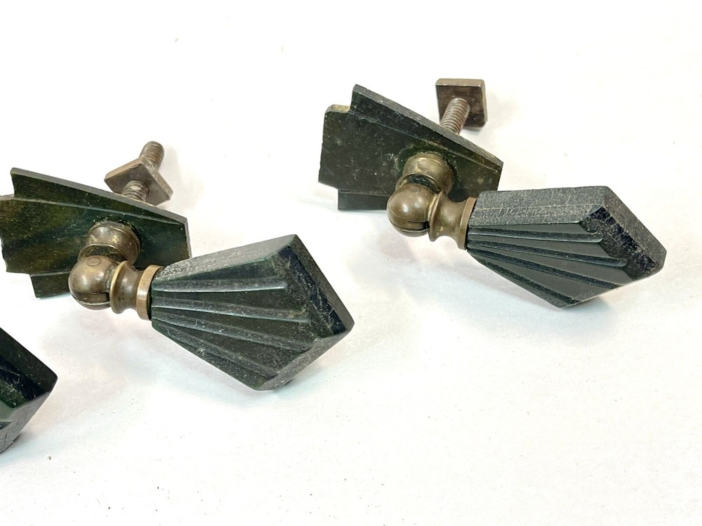 4 Antique Art Deco Dark Green Bakelite Keystone Drop Handle Drawer Pulls