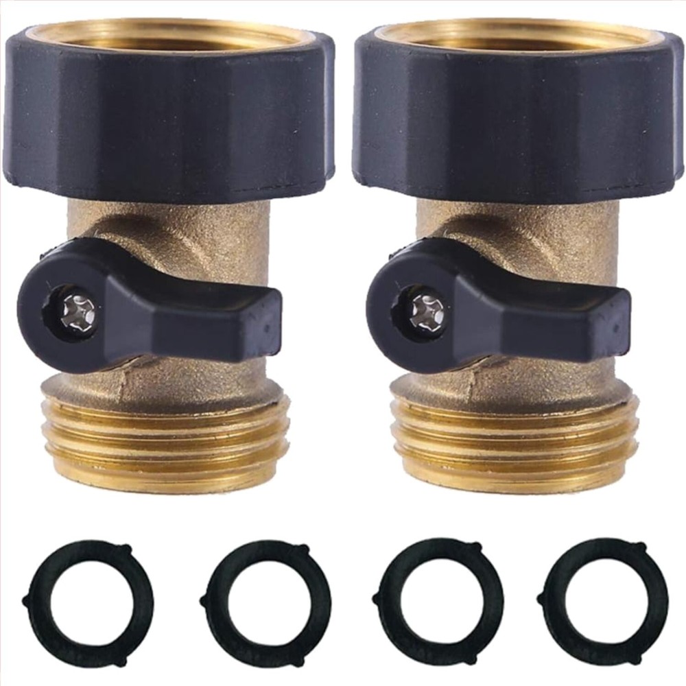 Durable Brass Garden Hose Connector Set - Includes 2 Shut Off Valves & Washers
