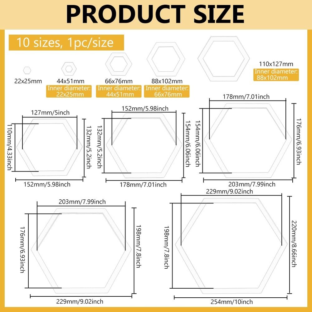 10 Sizes Hexagon Quilting Template Acrylic Sewing Machine Ruler Patchwork