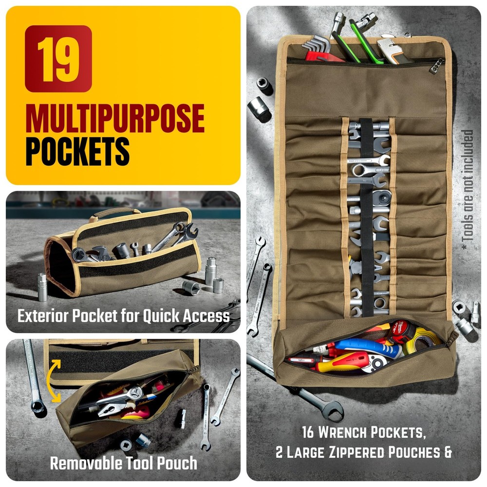 Ryker Heavy-Duty Canvas Tool Roll Organizer - Wrenches, Sockets & Hand Tools