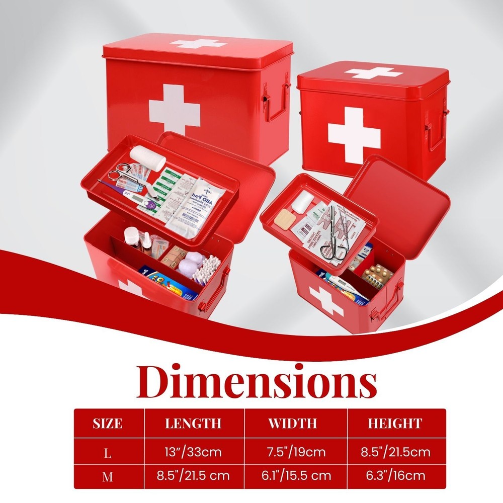 Metal First Aid Empty Box, Medicine Storage Organizer with Removable Tray Handle