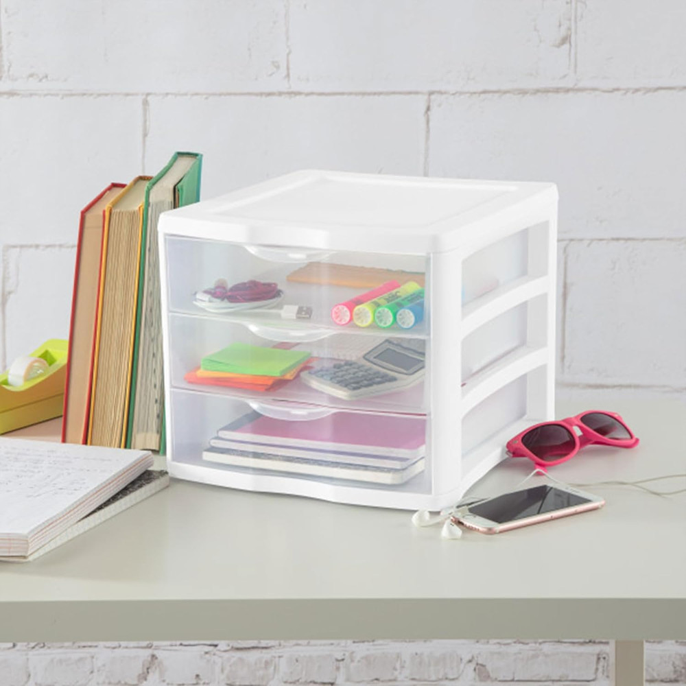 4-Pack 3 Drawer Unit, Stackable Plastic Organizer with Drawers, White Frame - Mu